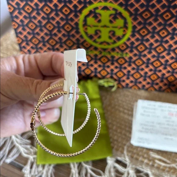 Tory Burch Gold Logo Textured Hoop Earrings - Picture 4 of 9